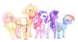 Size: 3241x1772 | Tagged: explicit, artist:ponie666, applejack, fluttershy, pinkie pie, rainbow dash, rarity, twilight sparkle, anal creampie, anatomically correct, big clitoris, blank flank, bondage, butt, clitoris, condom, creampie, cum, cum on body, cum on hair, dildo, earth pony, embarrassed, facial, female, filled condom, foalcon, g4, genitals, horn, horny, horsecock dildo, implied lesbian, implied oral, implied orgasm, imported from derpibooru, lesbian, line-up, looking at you, looking back, looking back at you, mane six, nudity, oral, pegasus, plot, plotline, pony, presenting, presenting anus, presenting butt, presenting pussy, rope, rope bondage, sex, sex toy, ship:appledash, shipping, shy, strapon, unicorn, vaginal creampie, vaginal secretions, vulva, vulvar winking, young
