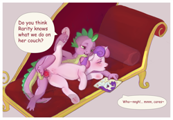 Size: 2619x1822 | Tagged: explicit, artist:starvingunicorn, rarity, spike, sweetie belle, balls, couch, crotchboobs, dialogue, dragon, dragon on pony action, duo, duo male and female, fainting couch, female, foalcon, g4, genitals, horn, implied rarity, imported from derpibooru, indoors, interspecies, male, nipples, nudity, on couch, passepartout, penetration, penis, pony, sex, ship:spikebelle, shipping, speech bubble, spread legs, spreading, straight, teats, underhoof, unicorn, vaginal, vaginal secretions, vulva