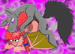 Size: 4961x3543 | Tagged: explicit, artist:sharpteethstudios, oc, oc:redberry bite, adult, alicorn, ambiguous penetration, ass up, balls, bat pony, bat pony alicorn, bat wings, blushing, bow, commission, commission open, doggy style, face down ass up, female, filly, foal, foalcon, from behind, genitals, hair bow, horn, imported from derpibooru, mounted, nudity, obtrusive watermark, oc only, penetration, penis, pony, request, sex, unicorn, watermark, wings, ych result, your character here