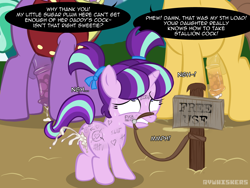 Size: 1440x1083 | Tagged: explicit, grimdark, artist:vwhiskers, starlight glimmer, abuse, aftersex, anus, blank flank, body writing, caramel, creampie, cum, cum squirt, earth pony, exhibitionism, fake cutie mark, father and child, father and daughter, female, filly, filly starlight glimmer, firelight, foal, foal abuse, foalcon, g4, genitals, glimmerbuse, horn, imported from derpibooru, incest, male, nudity, one after another, onomatopoeia, outdoor sex, outdoors, penis, ponut, pony, public sex, public use, rape, sex, show accurate, show accurate porn, speech bubble, stallion, text, this will end in pregnancy, tied to post, trio, unicorn, vaginal creampie, vulva, younger