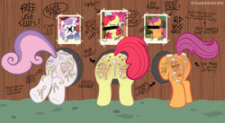 Size: 1557x851 | Tagged: explicit, semi-grimdark, artist:vwhiskers, apple bloom, scootaloo, sweetie belle, aftersex, alternate version, anal, anal creampie, anus, bloom butt, body writing, butt, censored eyes, creampie, cum, cutie mark crusaders, earth pony, exhibitionism, female, filly, foal, foalcon, full body glory hole, g4, genitals, glory hole, group, horn, implied rainbow dash, implied rape, imported from derpibooru, nudity, pegasus, penetration, photo, plot, pony, public sex, public use, scootabutt, sex, sweetie butt, through wall, trio, trio female, unicorn, vaginal, vulva, younger