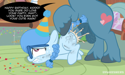 Size: 1566x941 | Tagged: explicit, grimdark, artist:vwhiskers, oc, oc:freezy, age difference, ass up, balls, birthday, blank flank, body writing, braid, braided tail, candy, confetti, creampie, crying, cum, dialogue, dominant, duo, earth pony, face down ass up, fake cutie mark, father and child, father and daughter, female, femsub, filly, foal, foalcon, food, forced, g4, genitals, glasses, gritted teeth, hairy balls, hat, imported from derpibooru, incest, indoors, lollipop, male, maledom, my little pony: friendship is magic, nudity, oc only, party hat, penetration, penis, pony, pubic hair, rape, sex, show accurate, show accurate porn, speech bubble, stallion, stallion on filly, straight, submissive, sugarcube corner, tail, teeth, this will end in pregnancy, vaginal, vaginal creampie, younger