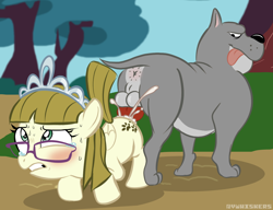 Size: 1400x1077 | Tagged: explicit, grimdark, artist:vwhiskers, anal, anal creampie, anus, balls, bestiality, blushing, canine penis, creampie, crying, cum, dog, dog on filly action, dog on pony action, duo, female, filly, foal, foalcon, forced, g4, genitals, glasses, gritted teeth, imported from derpibooru, interspecies, jewelry, knot, knotted, male, nudity, outdoor sex, outdoors, pegasus, penetration, penis, pony, rape, sex, show accurate, show accurate porn, sweat, sweating profusely, teeth, tiara, tree, younger, zippoorwhill