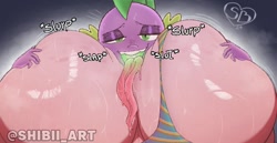 Size: 768x396 | Tagged: explicit, artist:shibii_art, pinkie pie, spike, age difference, balloonbutt, butt, butt grab, butt touch, clothes, cunnilingus, dragon, duo, duo male and female, earth pony, female, foalcon, g4, green eyes, grope, imported from derpibooru, large butt, lidded eyes, long tongue, male, mare, onomatopoeia, oral, panties, pink coat, pony, sex, ship:pinkiespike, shipping, straight, striped panties, striped underwear, tongue out, underwear, wingless spike