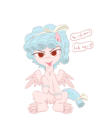 Size: 2200x2800 | Tagged: explicit, artist:白夜ll, alternate version, bow, cozy glow, crotchboobs, cuffs, female, filly, foal, foalcon, foaldom, g4, genitals, hair bow, horseshoes, imported from derpibooru, jewelry, necklace, nipples, nudity, pegasus, pony, simple background, sitting, smug, solo, solo female, spread wings, tail, tail bow, tongue out, underhoof, vulva, wings