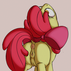 Size: 1978x1984 | Tagged: explicit, artist:dtcx97, artist:jupiterorange, apple bloom, anatomically correct, anus, bloom butt, bow, butt, clitoris, color edit, colored, crotchboobs, dock, earth pony, edit, female, filly, foal, foalcon, g4, genitals, hair bow, imported from derpibooru, looking up, nipples, nudity, orange background, plot, pony, simple background, solo, solo female, tail, teats, vulva, vulvar winking