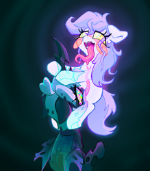 Size: 1750x2000 | Tagged: explicit, artist:impamy, oc, oc:billy (impamy), oc:chanter, ahegao, blush sticker, blushing, changeling, changeling oc, changeling queen, changeling queen oc, crying, cunnilingus, duo, female, females only, filly, filly on filly, foal, foalcon, forked tongue, ghost, ghost pony, glowing, hypnosis, hypnotized, imported from derpibooru, lesbian, long tongue, nymph, oc only, open mouth, oral, penetration, pony, sex, sitting, tongue out, tongue penetration, undead, wavy mouth