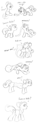 Size: 640x2100 | Tagged: questionable, artist:fantasyglow, editor:nebbie, apple bloom, sweetie belle, anatomically correct, anus, booby trap, butt, comic, dialogue, earth pony, edit, female, filly, foal, foalcon, fusion, g4, genitals, half, horn, imported from derpibooru, labia, merge, merge trap, modular, monochrome, nudity, plot, ponut, pony, simple background, transformation, unicorn, vulva, we have become one, white background