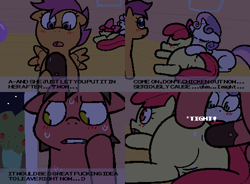 Size: 496x366 | Tagged: explicit, artist:twixbartrix, apple bloom, scootaloo, sweetie belle, oc, oc:big brian, 4 panel comic, age difference, anal, anus, apple, apple tree, banned from equestria daily, blushing, butt, canon x oc, comic, cutie mark crusaders, earth pony, female, filly, foal, foalcon, g4, genitals, horn, horsecock, imported from derpibooru, larger male, male, night, nudity, older male, pegasus, penetration, penis, plot, pony, pony on pony action, sex, shipping, simplistic anus, smaller female, stallion, stallion on filly, straight, style emulation, sweat, text, tree, unicorn, vulva, younger female