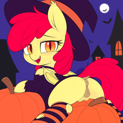 Size: 3200x3200 | Tagged: explicit, apple bloom, ai composition, ai content, anatomically correct, anus, bat, bat ears, bat pony, bat wings, choker, clothes, costume, crotchboobs, dock, eye clipping through hair, fangs, female, filly, foal, foalcon, full moon, g4, genitals, halloween, halloween costume, hat, imported from derpibooru, looking at you, looking back, looking back at you, lying down, messy mane, moon, night, nipples, nudity, open mouth, outdoors, ponut, pony, prone, pumpkin, race swap, slit pupils, socks, solo, solo female, striped socks, tail, teats, torn clothes, torn socks, vulva, wings, witch hat