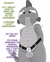 Size: 1649x2048 | Tagged: explicit, artist:anonymousandrei, spike, arm behind back, balls, bdsm, belly, belly button, chastity, chastity cage, chastity strap, derpibooru exclusive, dragon, female, flat chastity cage, foalcon, g4, genitals, grayscale, hands behind back, implied twilight sparkle, imported from derpibooru, looking down, male, monochrome, nervous, no nut november, nudity, offscreen character, offscreen female, orgasm denial, shivering, simple background, white background, wingless spike