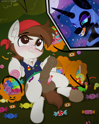 Size: 2335x2926 | Tagged: explicit, artist:sherathoz, artist:tolpain, princess luna, age difference, alicorn, balls, blushing, candy, clothes, collaboration, colt, costume, dark genitals, drool, drool string, duo, duo male and female, earth pony, erection, female, foal, foalcon, food, g4, genitals, halloween, halloween costume, horsecock, imported from derpibooru, lying down, male, male focus, mare, nightmare moon, nudity, on back, outdoors, penis, pipsqueak, pony, presenting, pumpkin bucket, ship:lunapip, ship:pipmoon, shipping, smiling, solo focus, straight, straight shota