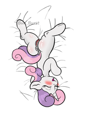 Size: 926x1240 | Tagged: explicit, artist:bun_burst, sweetie belle, anus, blushing, body pillow, body pillow design, butt, clitoris, clothes, commission, eyes closed, eyes on the prize, female, filly, foal, foalcon, g4, genitals, horn, imported from derpibooru, nudity, partial nudity, plot, ponut, pony, semi-anthro, simple background, solo, solo female, tail, unicorn, vulva, watermark, white background