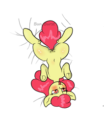 Size: 1053x1240 | Tagged: explicit, artist:bun_burst, apple bloom, blushing, body pillow, body pillow design, butt, clitoris, commission, earth pony, female, filly, foal, foalcon, g4, genitals, imported from derpibooru, looking at you, nudity, partial nudity, plot, pony, semi-anthro, simple background, solo, solo female, tail, tongue out, vulva, watermark, white background