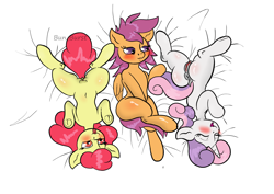 Size: 1754x1240 | Tagged: explicit, artist:bun_burst, apple bloom, scootaloo, sweetie belle, anus, blushing, body pillow, body pillow design, butt, clitoris, clothes, commission, cutie mark crusaders, earth pony, eyes closed, eyes on the prize, female, filly, foal, foalcon, g4, genitals, horn, imported from derpibooru, lesbian, looking at you, masturbation, nudity, partial nudity, pegasus, plot, polyamory, ponut, pony, semi-anthro, ship:scootabelle, ship:scootabloom, ship:sweetiebloom, ship:sweetiebloomaloo, shipping, simple background, tail, tongue out, trio, trio female, unicorn, vulva, watermark, white background