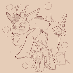 Size: 1500x1500 | Tagged: explicit, artist:cold-blooded-twilight, spike, age difference, ahegao, beige background, blushing, clenched fist, cross-eyed, cum, discord, doggy style, draconequus, draconequus on dragon action, dragon, drool, duo, duo male, foalcon, from behind, g4, gay, gritted teeth, humping, humping like there's no tomorrow, imported from derpibooru, interspecies, male, monochrome, nudity, open mouth, orgasm, penis, sex, ship:dispike, shipping, simple background, size difference, sketch, steam, sweat, tapered penis, teeth, tongue out, wingless spike