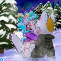 Size: 3072x3072 | Tagged: explicit, artist:juniverse, oc, oc:barrel nut, age difference, blushing, canon x oc, clothes, commission, cowgirl position, cozy glow, crotchboobs, duo, duo male and female, earth pony, female, filly, filly on stallion, floating heart, foal, foalcon, foaldom, forest, g4, heart, hoodie, imported from derpibooru, male, nature, nipples, nudity, outdoor sex, outdoors, pegasus, penetration, pony, pony on pony action, ribbon, sex, ship:cozynut, shipping, snow, snowfall, stallion, stallion on filly, straight, tree, vaginal