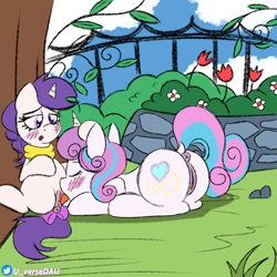Size: 3072x3072 | Tagged: explicit, artist:juniverse, princess flurry heart, oc, oc:snowie aura, alicorn, anatomically correct, anus, aroused, blushing, bow, butt, canon x oc, clothes, colored sketch, cunnilingus, dark genitals, dock, duo, duo female, female, filly, filly on filly, flower, foal, foalcon, g4, garden, genitals, horn, imported from derpibooru, lesbian, licking, nudity, older, older flurry heart, oral, outdoor sex, outdoors, plot, ponut, pony, scarf, sex, shipping, sketch, tail, tail bow, tongue out, tree, unicorn, vulva, wingless, wingless alicorn