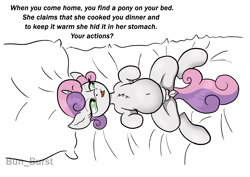 Size: 1754x1240 | Tagged: explicit, artist:bun_burst, sweetie belle, bed, belly, belly button, female, filly, foal, foalcon, g4, genitals, horn, imported from derpibooru, lying down, nudity, on back, overhead view, pony, round belly, simple background, solo, solo female, text, unicorn, vulva, white background