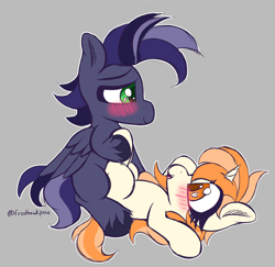 Size: 3120x3032 | Tagged: explicit, artist:frosthawkpone, oc, oc:bluing metal, oc:hearts mend, blushing, colt, colt on filly, duo, duo male and female, female, filly, foal, foalcon, gray background, heart, heart eyes, horn, imported from derpibooru, male, missionary position, oc only, pegasus, penetration, pony, sex, signature, simple background, straight, straight shota, unicorn, vaginal, wingding eyes