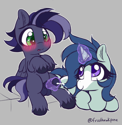 Size: 2844x2916 | Tagged: explicit, artist:frosthawkpone, oc, oc:bluing metal, oc:mnemosyne, age difference, blushing, colt, cum, cumming, duo, duo male and female, female, foal, foalcon, genitals, gray background, horn, horsecock, imported from derpibooru, magic, magical stimulation, magicjob, male, mare, mare on colt, nudity, oc only, pegasus, penis, pony, simple background, straight, straight shota, unicorn