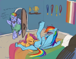 Size: 2883x2243 | Tagged: explicit, artist:ponie666, rainbow dash, scootaloo, age difference, anatomically correct, anus, bed, bedroom, big clitoris, blushing, bow hothoof, caught, clit sucking, clitoral stimulation, clitoris, cunnilingus, eyes closed, female, filly, filly on mare, floating heart, foal, foalcon, g4, heart, imported from derpibooru, lesbian, lesbian pride flag, male, mare, medals, nudity, on bed, oral, orgasm, overstimulation, pegasus, ponut, pony, pride, pride flag, sex, ship:scootadash, shipping, signature, spread legs, spread pussy, spread wings, spreading, stallion, sucking, text, vulva, vulvar winking, walking in, wings