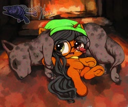 Size: 1900x1593 | Tagged: explicit, artist:darkstylerz, oc, black mane, black tail, cute, dog, eye poke, eye sex, female, filly, fireplace, foal, foalcon, frog (hoof), genitals, glasses, hooves, horn, human vulva, human vulva on pony, imported from derpibooru, indoors, nudity, oc only, orange coat, penis, penis on face, pony, tail, underhoof, unicorn, vulva, wholesome