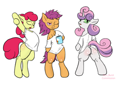 Size: 1954x1352 | Tagged: explicit, artist:bun_burst, apple bloom, scootaloo, sweetie belle, anus, bottomless, butt, clothes, commission, cup, cutie mark crusaders, dock, earth pony, eyes closed, female, filly, foal, foalcon, g4, genitals, horn, imported from derpibooru, looking at you, messy mane, morning ponies, mug, nudity, one eye closed, partial nudity, pegasus, plot, pony, semi-anthro, shirt, simple background, stretching, t-shirt, tail, trio, trio female, unicorn, vulva, white background