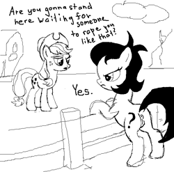 Size: 692x684 | Tagged: explicit, artist:softlava, applejack, oc, oc:filly anon, anus, butt, dialogue, dock, duo, earth pony, female, fence, filly, foal, foalcon, g4, genitals, implied rape, imported from derpibooru, leaning on fence, mare, monochrome, nudity, outdoors, plot, pony, raised tail, tail, vulva, yes