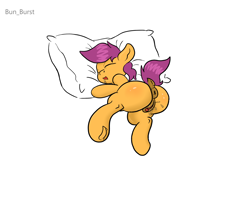 Size: 1392x1098 | Tagged: explicit, artist:bun_burst, scootaloo, anus, butt, female, filly, foal, foalcon, g4, genitals, imported from derpibooru, nudity, pegasus, ponut, pony, scootabutt, simple background, sleeping, solo, solo female, vaginal secretions, vulva, white background