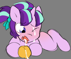 Size: 3000x2470 | Tagged: explicit, artist:19itsme87, starlight glimmer, bow, closed eye, colt, cum, cum in mouth, cum on eye, facial, female, female focus, filly, filly starlight glimmer, foal, foalcon, g4, gray background, hair bow, horn, imported from derpibooru, male, offscreen character, pigtails, pony, ship:starburst, shipping, simple background, solo focus, straight, sunburst, tongue out, unicorn, younger