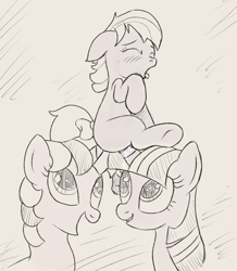 Size: 1990x2285 | Tagged: explicit, artist:tabloi, twilight sparkle, age difference, anal, blush lines, blushing, bow, double penetration, earth pony, ember (g1), eyes closed, female, filly, foal, foalcon, g1, g4, group sex, horn, horn penetration, imported from derpibooru, lesbian, lineart, mare, mare on filly, multiple penetration, penetration, pony, sex, sitting on head, size difference, tail, tail bow, threesome, tongue out, twilight, unicorn, vaginal, vaginal secretions