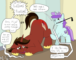 Size: 1400x1110 | Tagged: explicit, artist:di-fl, oc, oc:penpad, age difference, alternate version, ass up, buffalo, face down ass up, female, filly, foal, foalcon, foaldom, g4, genitals, horn, hybrid, imported from derpibooru, indoors, leaking, nudity, penis, precum, precum string, presenting, reddened butt, riding crop, s&m, safe word, spanking, speech bubble, tootsie flute, trans female, transgender, unicorn