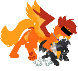 Size: 2000x1823 | Tagged: explicit, artist:sherathoz, oc, oc:amber wing, oc:paradigm shift, canine vulva, censor bar, censored, censored eyes, changeling, changeling oc, commission, cum, duo, egg, excessive cum, foalcon, futa, futa oc, futa on futa, griffon, herm, herm on herm, hybrid, imported from derpibooru, intersex, moth, mothpony, nudity, oc only, original species, oviposition, ovipositor, pony, simple background, transparent background, vulva