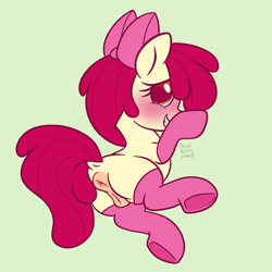 Size: 1250x1250 | Tagged: explicit, artist:feralkittyclawz, apple bloom, adorabloom, anatomically correct, anus, bashful, blushing, bow, clothes, cute, detached sleeves, dock, earth pony, female, filly, foal, foalcon, full body, g4, genitals, green background, grin, hair bow, hiding face, imported from derpibooru, legwear, looking at you, looking back, looking back at you, nudity, pink bow, pink socks, pony, signature, simple background, smiling, smiling at you, socks, solo, solo female, tail, thigh highs, vulva
