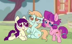 Size: 2812x1729 | Tagged: explicit, artist:feralkittyclawz, anus, boysenberry, earth pony, female, filly, foal, foalcon, g4, imported from derpibooru, lily longsocks, nudity, outdoors, peach fuzz, pony, screencap background, trio