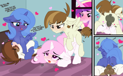 Size: 3694x2310 | Tagged: explicit, artist:sherathoz, artist:tolpain, princess celestia, princess luna, age regression, ahegao, alicorn, anus, ass up, balls, bed, bedroom, bedroom eyes, big penis, blush lines, blushing, butt, cewestia, clitoris, close-up, collaboration, colt, colt on filly, comic, cowgirl position, crotchboobs, earth pony, eyes closed, face down ass up, featherweight, female, filly, filly luna, floating heart, foal, foalcon, from behind, g4, genitals, group sex, heart, heart eyes, high res, horsecock, imported from derpibooru, indoors, large penetration, lying down, male, mare, moonbutt, nipples, nudity, onomatopoeia, open mouth, pegasus, penetration, penis, perching position, pipsqueak, plap, plot, ponut, pony, pony on pony action, princess cadance, prone, sex, ship:featherlestia, ship:lunapip, shipping, smiling, spread wings, straight, teats, tongue out, vaginal, vaginal secretions, voyeur, voyeur cadance, voyeurism, vulva, wingding eyes, wings, woona, younger