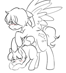 Size: 1394x1536 | Tagged: explicit, artist:ninjadokokai, age difference, blank flank, colt, crossover, duo, foal, foalcon, gay, genitals, grayscale, horn, imminent sex, imported from derpibooru, kayano mikoto, male, milgram, monochrome, nudity, partial color, pegasus, penis, ponified, pony, sakurai haruka, shipping, simple background, spread wings, stallion, stallion on colt, unicorn, white background, wingboner, wings