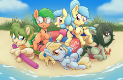 Size: 2588x1688 | Tagged: explicit, artist:kurozu, oc, oc:fair flyer, oc:matinee, oc:morning mimosa, oc:murky marsh, oc:soiree, oc:sunny sabal, alternate hairstyle, anatomically correct, anus, assisted exposure, beach, bikini, blushing, bottomless, braid, braided ponytail, butt, clitoris, clothes, cloud, convention, crab, crotchboobikini, crotchboobs, dark genitals, delicious flat crotch, dock, earth pony, eye clipping through hair, female, females only, filly, floaty, florida, florida foalcon, foal, foalcon, freckles, frog (hoof), genitals, glasses, grass, hairclip, hawaiian shirt, imported from derpibooru, incest, inner tube, looking at you, mare fair, nipples, nudity, oc only, outdoors, panties, panties around leg, panties around legs, partial nudity, pegasus, pigtails, plot, ponut, pony, ponytail, pool noodle, pool toy, raised tail, ribbon, shirt, siblings, sisters, small crotchboobs, smiling, smiling at you, spread pussy, spreading, straddling, swimsuit, swimsuit around legs, swimsuit aside, tail, tail aside, teats, text, tooth gap, twincest, twins, two toned hair, underhoof, underwear, vulva, vulvar winking, water wings, younger