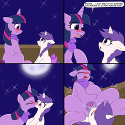 Size: 3800x3800 | Tagged: explicit, artist:principe-ricardo, twilight sparkle, oc, oc:snowie aura, 4 panel comic, age difference, anatomically correct, bandana, blushing, bow, braid, clitoris, comic, cunnilingus, dark genitals, duo, eyes closed, female, female orgasm, filly, foal, foalcon, full moon, g4, genitals, horn, imported from derpibooru, kissing, lesbian, love, mare, mare on filly, moon, neckerchief, night, nudity, oral, orgasm, pony, sex, speech bubble, squirting, surprise kiss, tail, tail bow, twilight is a foal fiddler, unicorn, unicorn twilight, vaginal orgasm, vaginal secretions, vulva