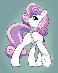 Size: 1754x2200 | Tagged: explicit, artist:itchystomach, sweetie belle, anus, butt, dock, foalcon, g4, genitals, horn, imported from derpibooru, looking at you, looking back, looking back at you, nudity, plot, ponut, pony, solo, sweetie butt, tail, unicorn, vulva
