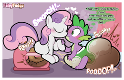 Size: 1562x1010 | Tagged: explicit, grotesque, artist:fairyfudge, spike, sweetie belle, alternate version, anus, bathroom, blushing, but why, crotch bulge, diaper, diaper fetish, dragon, duo, duo male and female, emanata, erection, eyes closed, fart noise, female, fetish, filly, floating heart, foal, foalcon, g4, heart, horn, hyper scat, imported from derpibooru, indoors, kissing, male, messing, messing diaper, non-baby in diaper, nudity, onomatopoeia, passepartout, ponut, pony, poofy diaper, poop, pooping, potty time, scat, ship:spikebelle, shipping, side anus, sitting, sitting on toilet, sound effects, straight, sweetiepoo, tenting, thought bubble, thoughts, toilet, unicorn