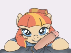 Size: 979x731 | Tagged: explicit, artist:myra, oc, oc:aimless, earth pony, female, filly, filly on human male, foal, foalcon, genitals, human, human male, imported from derpibooru, interspecies, looking at you, male, male pov, nudity, oc only, offscreen character, offscreen male, penis, pony, pony on human action, pov, simple background, smiling, smiling at you, solo, straight, white background