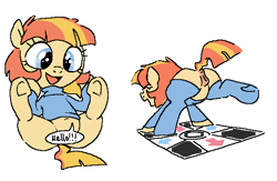 Size: 633x412 | Tagged: explicit, artist:myra, oc, oc:aimless, anus, belly, belly button, blushing, butt, clothes, dance dance revolution, dark genitals, dialogue, dock, earth pony, female, filly, foal, foalcon, genitals, imported from derpibooru, legwear, looking at you, nudity, oc only, plot, pony, rear view, simple background, smiling, socks, solo, solo female, stockings, tail, thigh highs, vulva, white background
