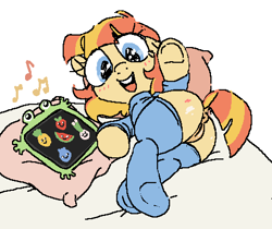 Size: 477x400 | Tagged: explicit, artist:myra, oc, oc:aimless, anus, baby sensory video, bed, blushing, butt, clothes, dark genitals, dock, earth pony, female, filly, foal, foalcon, genitals, happy, imported from derpibooru, ipad, legwear, looking at you, looking back, looking back at you, looking over shoulder, lying down, nudity, oc only, on bed, on side, plot, pony, rear view, simple background, socks, solo, solo female, stockings, tail, thigh highs, vulva, waving, waving at you, white background