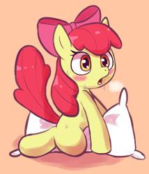Size: 1063x1239 | Tagged: explicit, artist:deerie, apple bloom, :o, blushing, bow, breath, earth pony, female, filly, foal, foalcon, full body, g4, hair bow, humping, imported from derpibooru, open mouth, orange background, pillow, pillow humping, pink bow, pony, sexual exploration, shadow, simple background, solo, solo female, sweat, sweatdrop, white pillow