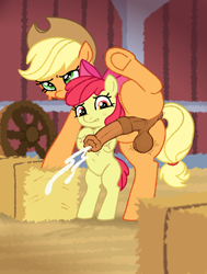 Size: 964x1277 | Tagged: explicit, artist:myra, apple bloom, applejack, age difference, apple sisters, applecest, balls, barn, belly, belly button, bipedal, bipedal leaning, bow, butt, cum, cumming, duo, earth pony, female, filly, foal, foalcon, futa, futa applejack, futa on female, futa on filly, g4, genitals, hair bow, hay bale, imported from derpibooru, incest, indoors, intersex, leaning, nervous, nudity, penis, plot, pony, raised leg, ship:bloomjack, shipping, siblings, sisters, size difference, throbbing, twitching, twitching penis, vulva, wheel