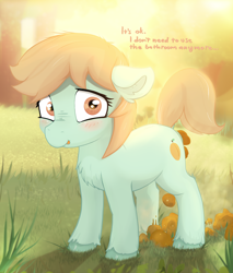 Size: 1843x2160 | Tagged: grotesque, questionable, artist:not_texmex, alternate version, backlighting, blushing, chest fluff, cute, derpibooru exclusive, ear fluff, earth pony, embarrassed, female, fetish, filly, foal, foalcon, frizzy hair, g4, grass, grass field, horse apples, imported from derpibooru, looking at you, outdoors, peach fuzz, pony, poop, pooping, potty emergency, potty failure, potty time, raised tail, scat, solo, solo female, steam, summer, tail, unshorn fetlocks, using the bathroom in the woods