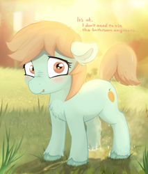Size: 1843x2160 | Tagged: questionable, artist:not_texmex, accidental wetting, alternate version, backlighting, blushing, chest fluff, cute, derpibooru exclusive, desperation, ear fluff, earth pony, embarrassed, female, fetish, filly, foal, foalcon, frizzy hair, g4, grass, grass field, imported from derpibooru, looking at you, need to pee, omorashi, outdoors, peach fuzz, pee on legs, pissing, pissing on self, pony, potty emergency, potty failure, potty time, raised tail, solo, steam, summer, tail, unshorn fetlocks, urine, using the bathroom in the woods, watersports, wet, wet tail