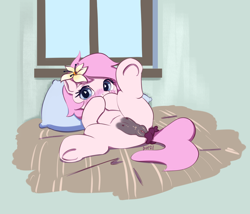 Size: 1500x1286 | Tagged: explicit, artist:drafthoof, oc, oc:kayla, anatomically correct, bed, blushing, crotchboobs, earth pony, earth pony oc, female, filly, filly oc, flower, flower in hair, foal, foalcon, genitals, imported from derpibooru, indoors, looking at you, looking back, looking back at you, lying down, lying on bed, nipples, nudity, oc only, on back, on bed, pillow, pony, presenting, solo, solo female, spread legs, spreading, teats, underhoof, vulva, window
